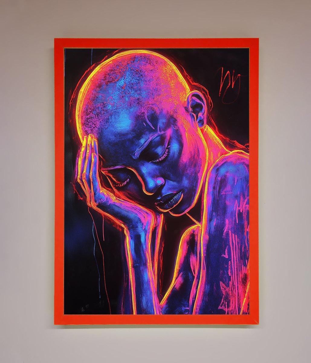 Neon Woman Hands In Head Framed Print