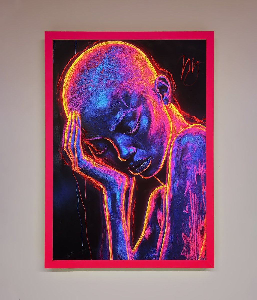 Neon Woman Hands In Head Framed Print