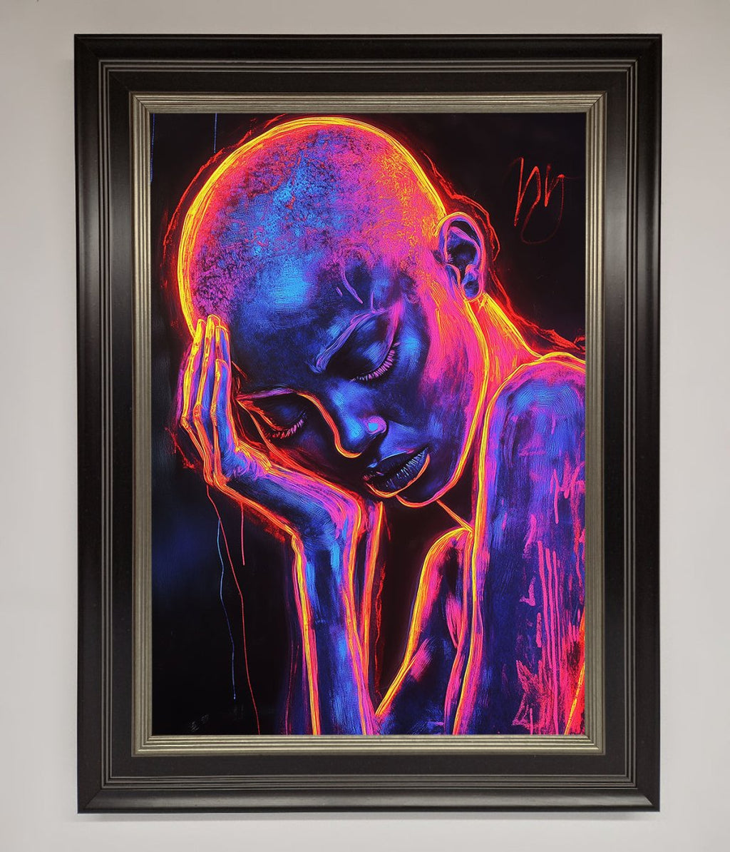Neon Woman Hands In Head Framed Print