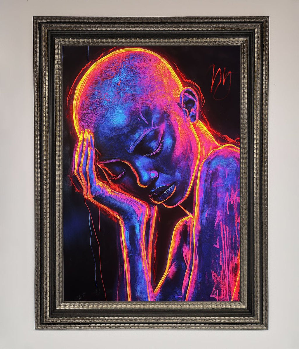 Neon Woman Hands In Head Framed Print