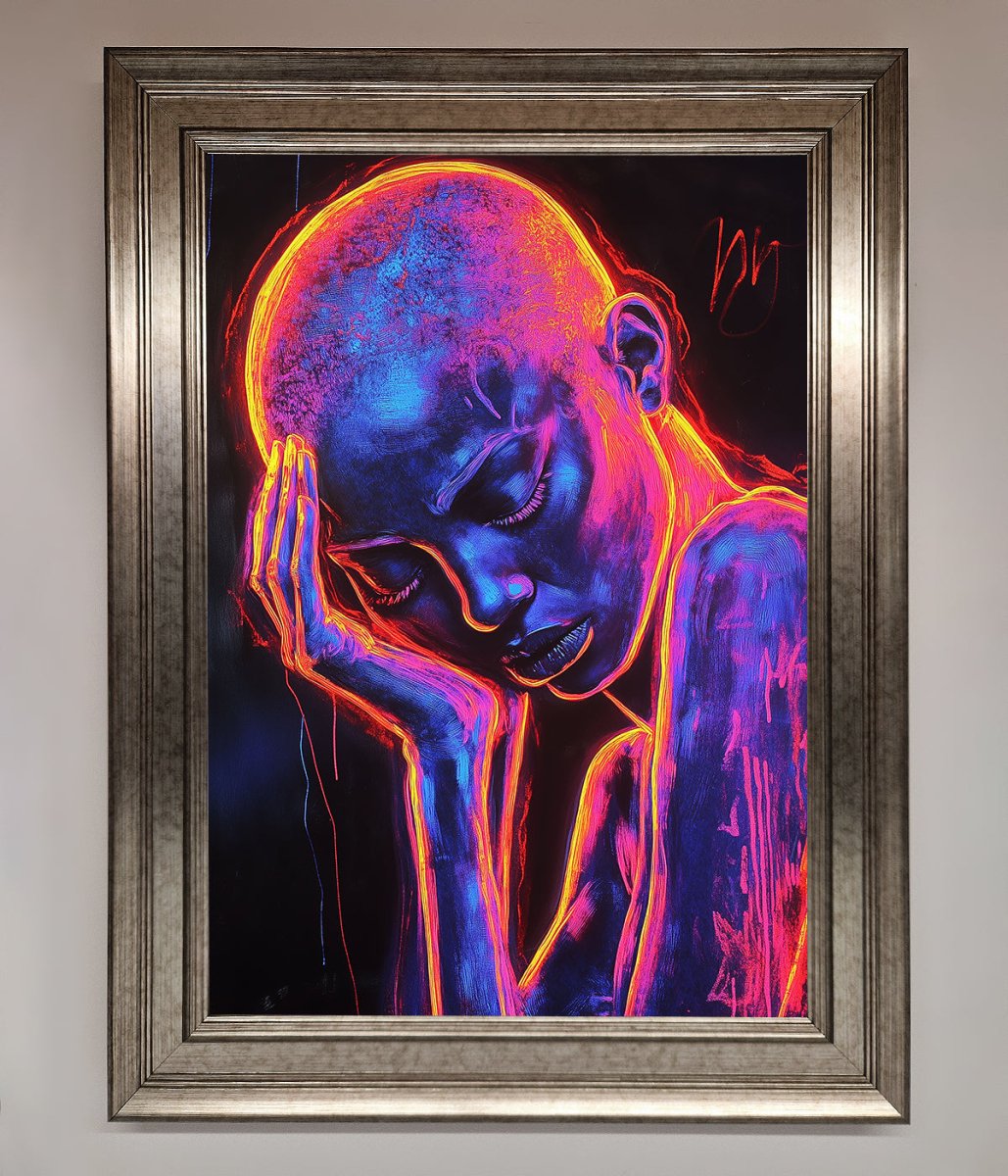 Neon Woman Hands In Head Framed Print