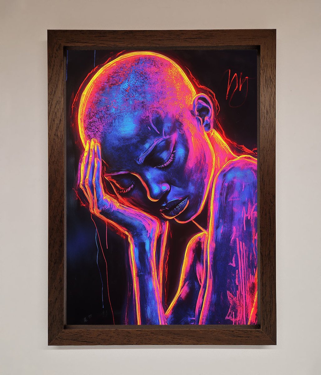 Neon Woman Hands In Head Framed Print