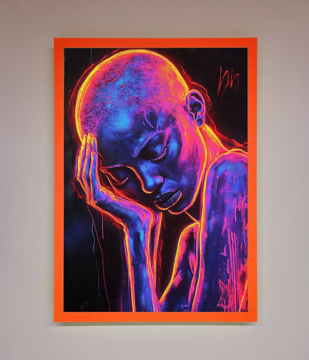 Neon Woman Hands In Head Framed Print