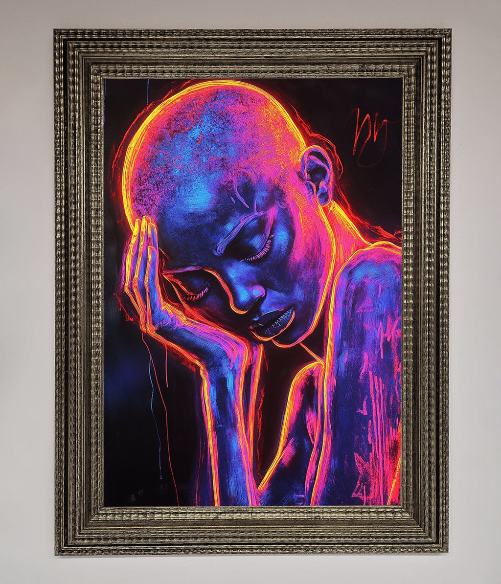 Neon Woman Hands In Head Framed Print