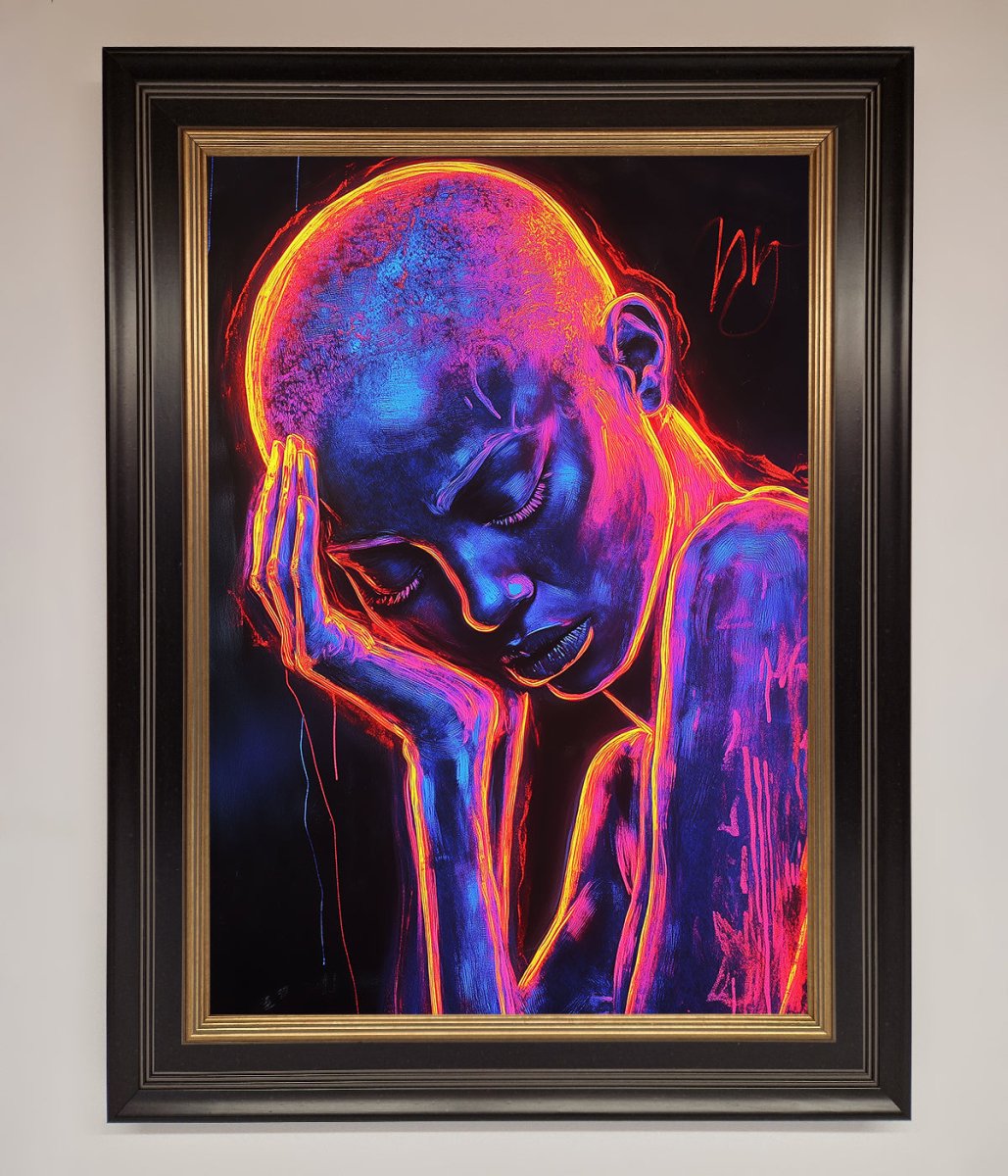Neon Woman Hands In Head Framed Print
