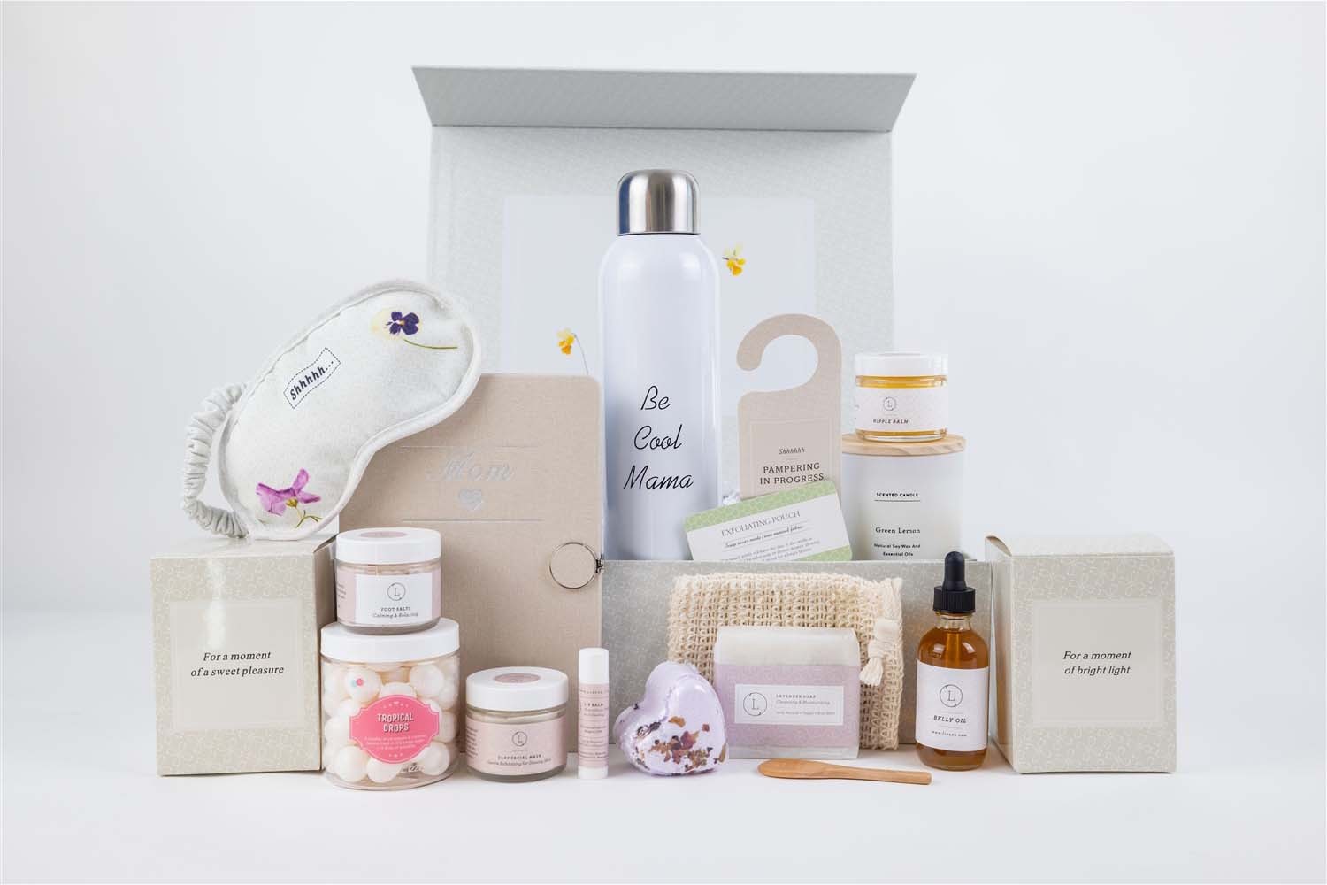 bold presentation of the ultimate relaxation gift set for new moms with belly oil and nipple balm