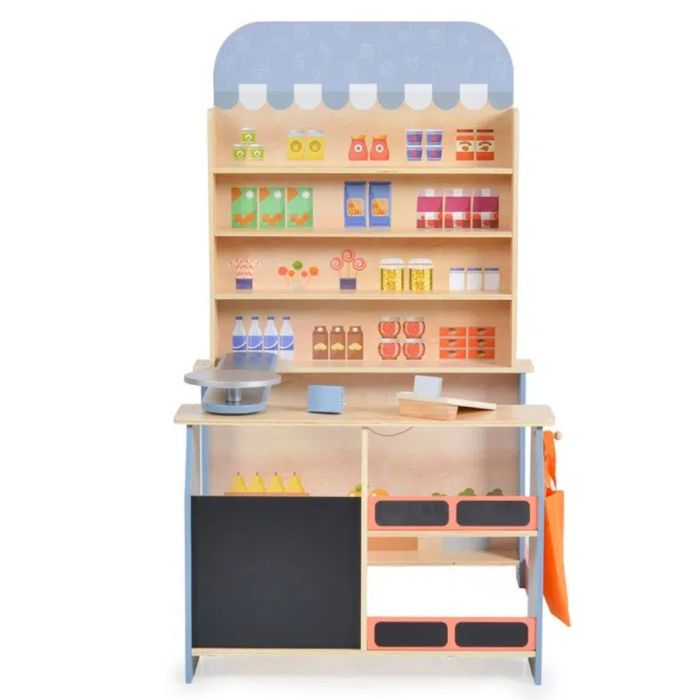 confident child managing a vibrant wooden supermarket playset with a cash register