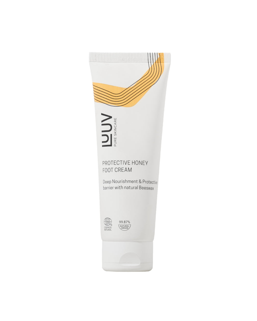 a bold close-up of luuv honey foot cream jar with rich mango butter texture and golden light