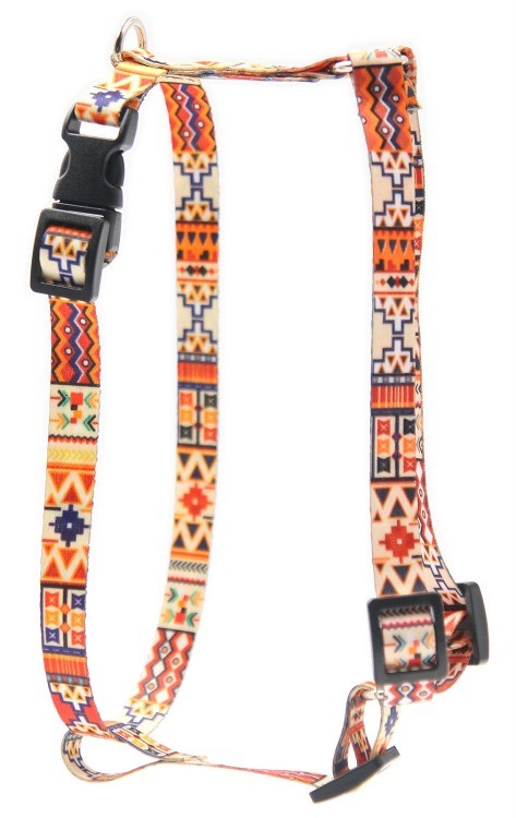bold close-up of a boho nylon dog harness with durable nickel-plated fittings