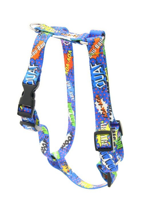 bold blue graffiti dog harness with nickel-plated fittings on a confident pet