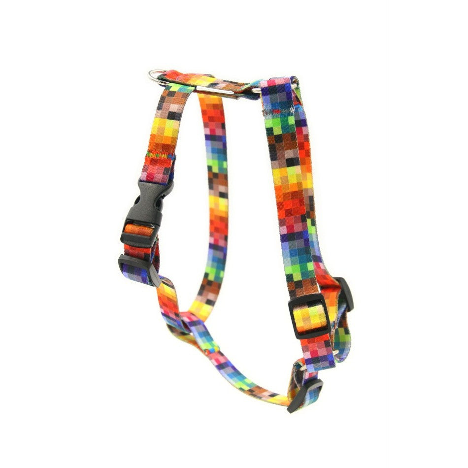 pixel-patterned dog harness with a glossy nickel handle, shown in a functional close-up on a dachshund