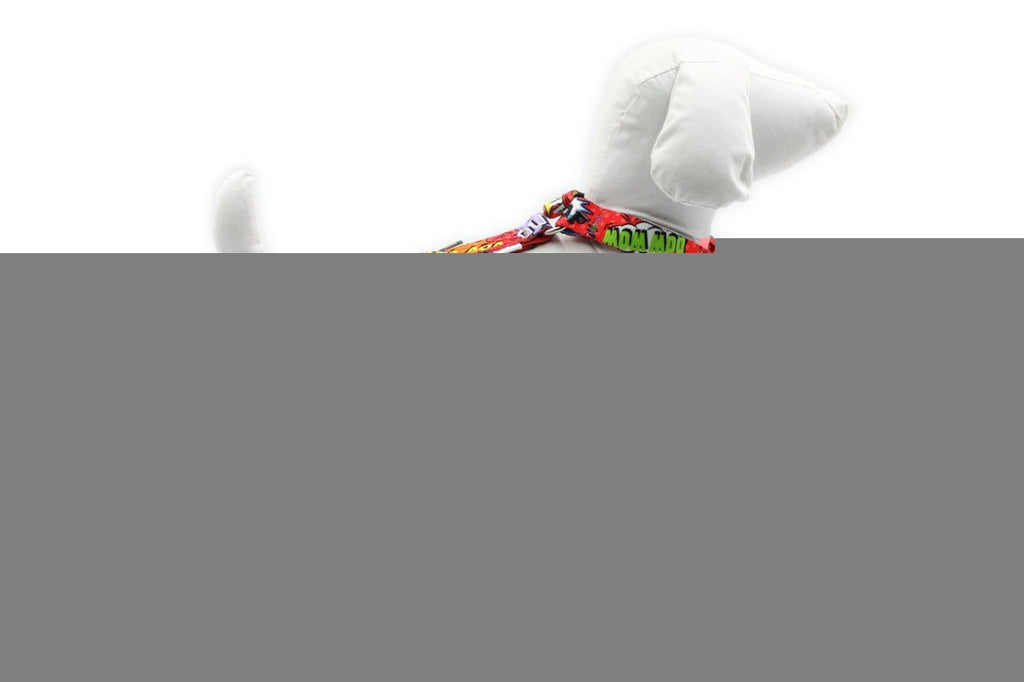 red graffiti nylon dog harness with four adjustable straps for a secure and practical fit