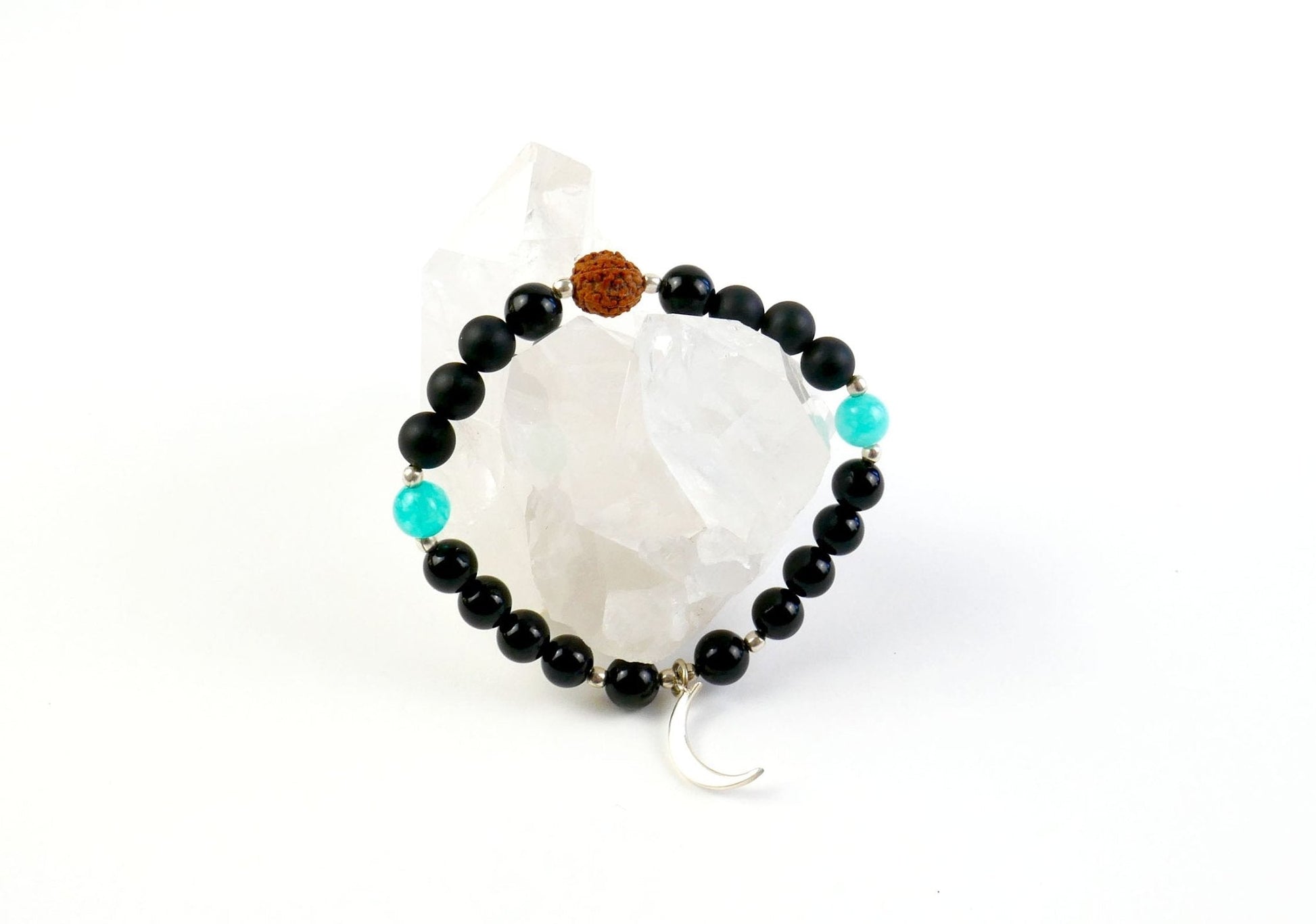Japa Mala Bracelet with Obsidian and Quartz