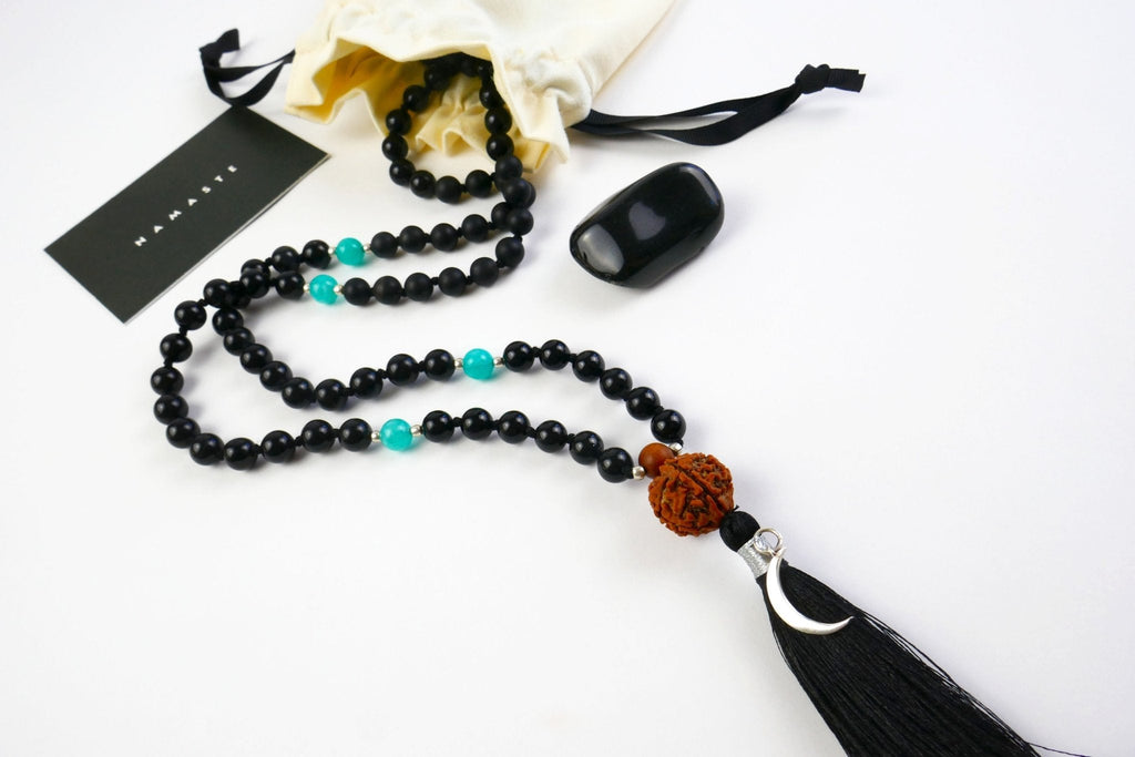 Nyx 108 Mala Necklace with Black Obsidian, Onyx and Blue Quartz