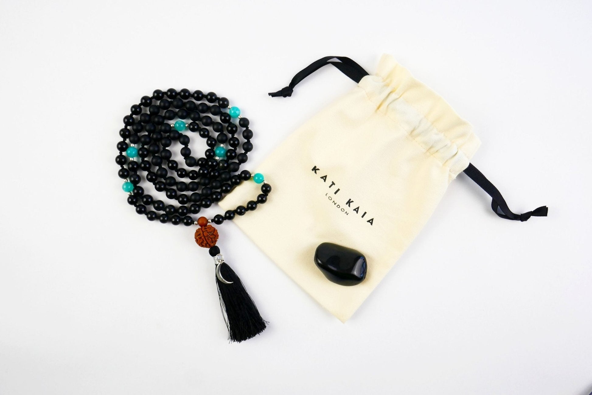Nyx 108 Mala Necklace with Black Obsidian, Onyx and Blue Quartz