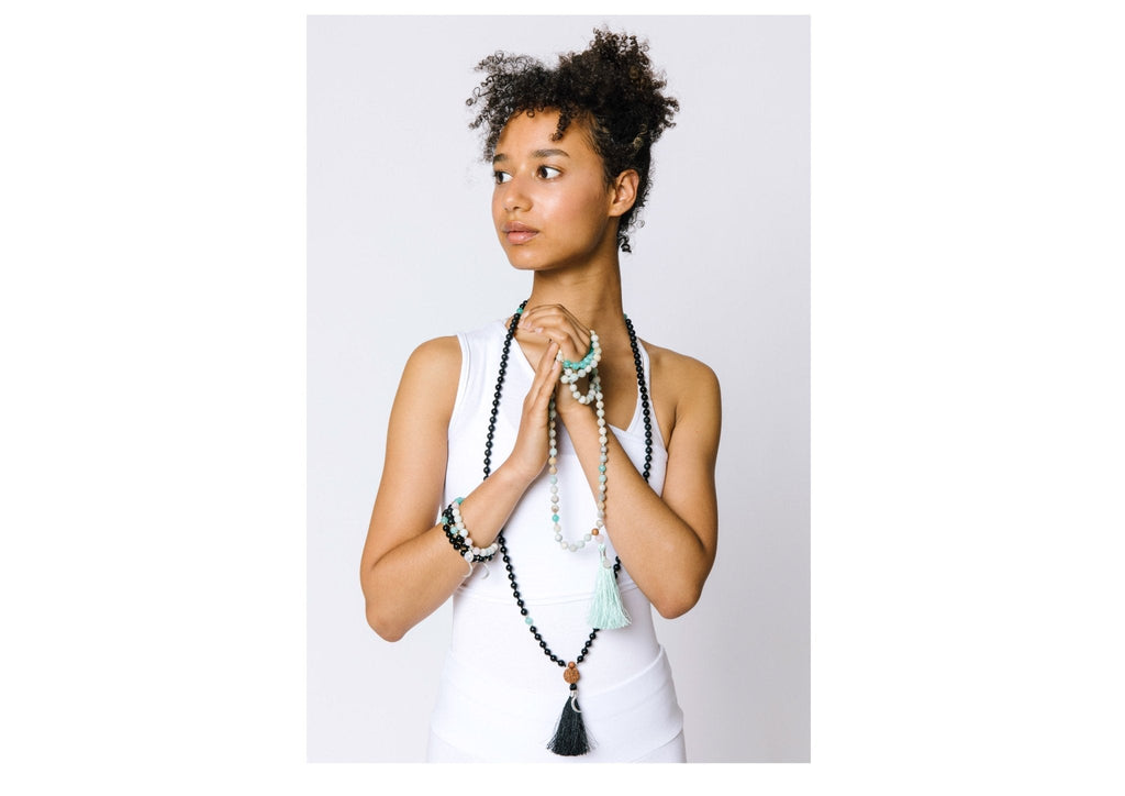 Nyx 108 Mala Necklace with Black Obsidian, Onyx and Blue Quartz