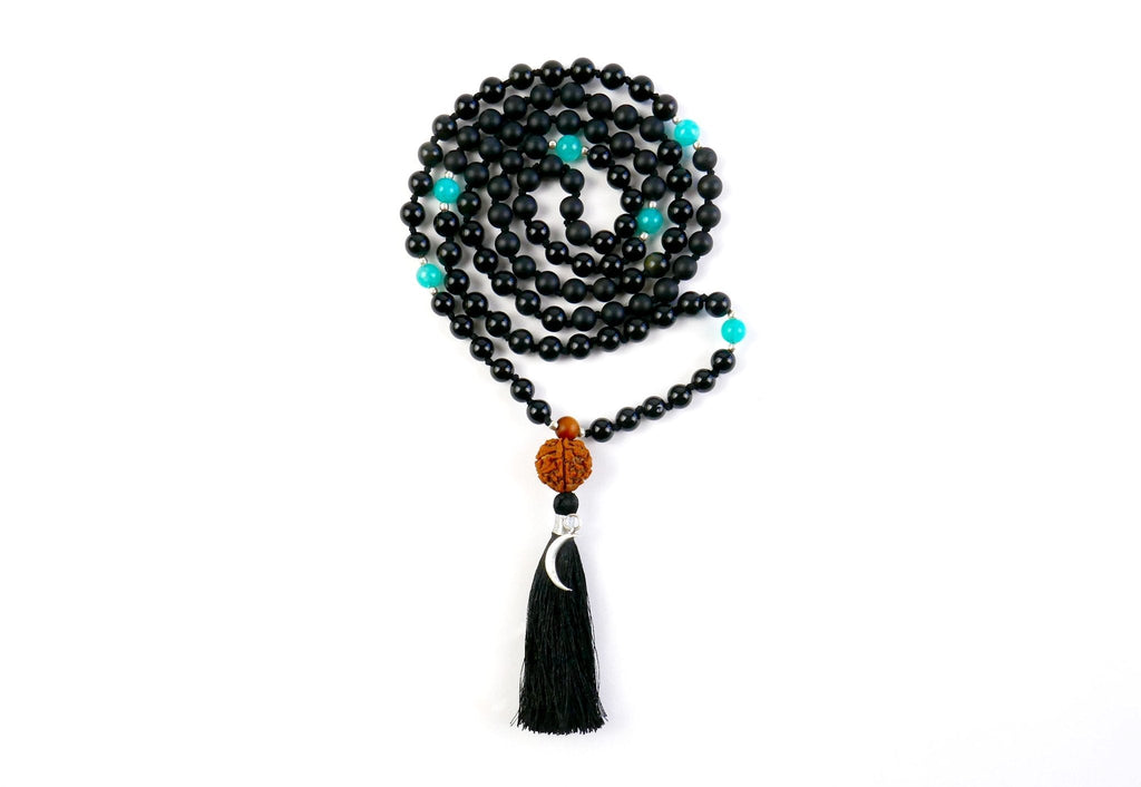 Nyx 108 Mala Necklace with Black Obsidian, Onyx and Blue Quartz
