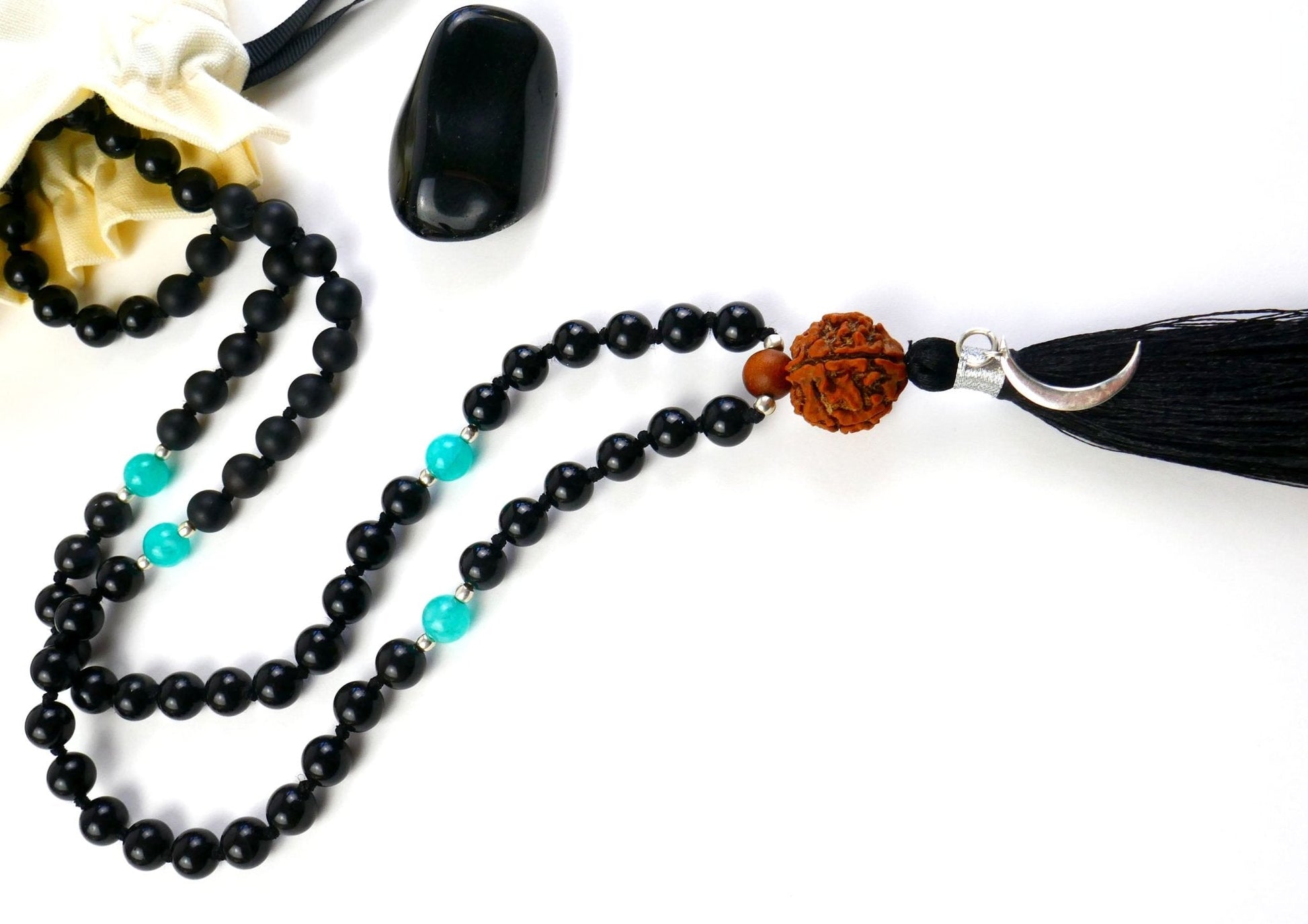 Nyx Mala 108 Beads Meditation Necklace and Bracelet Set in Black Obsidian and Sterling Silver