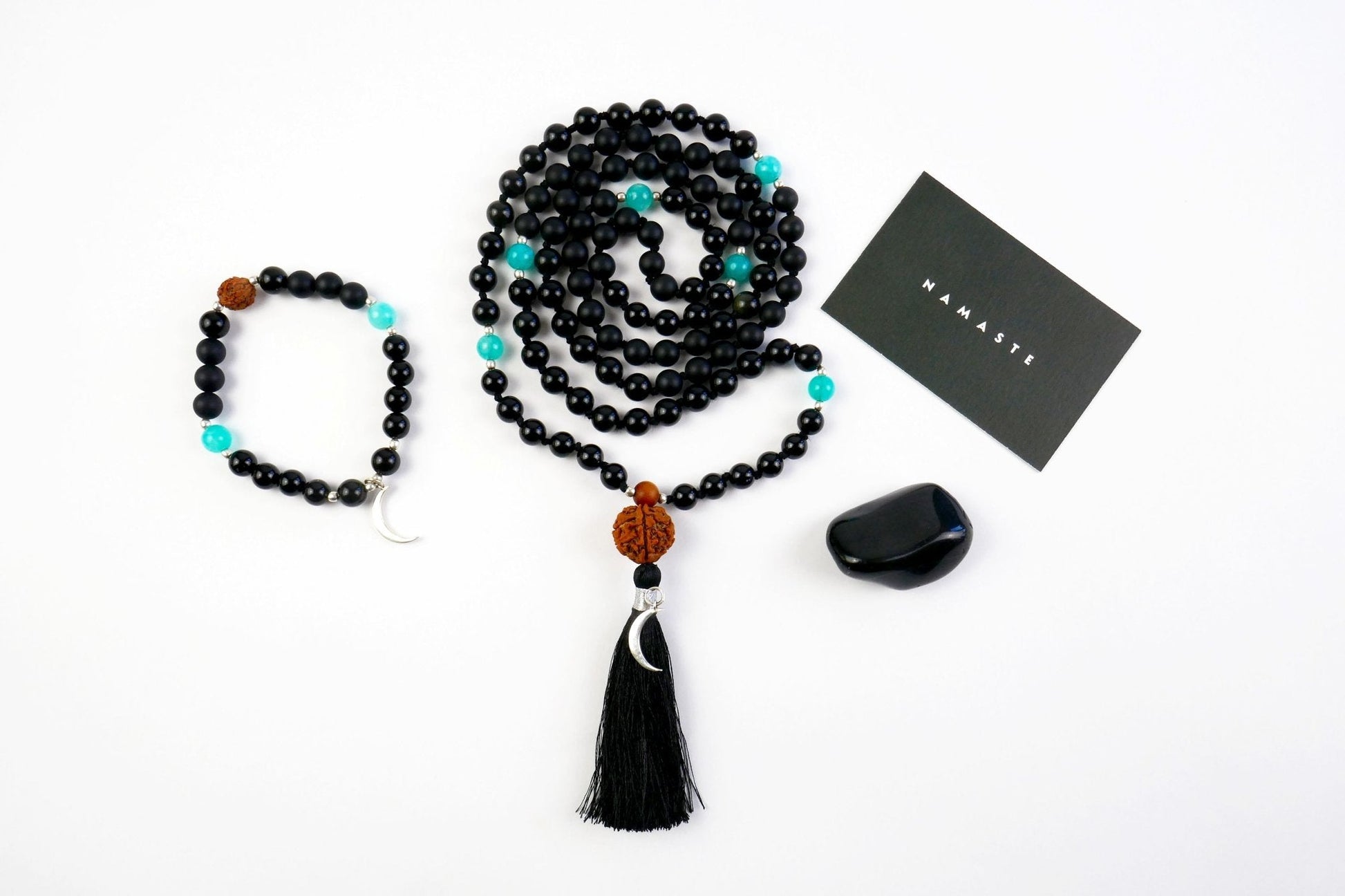 Nyx Mala 108 Beads Meditation Necklace and Bracelet Set in Black Obsidian and Sterling Silver