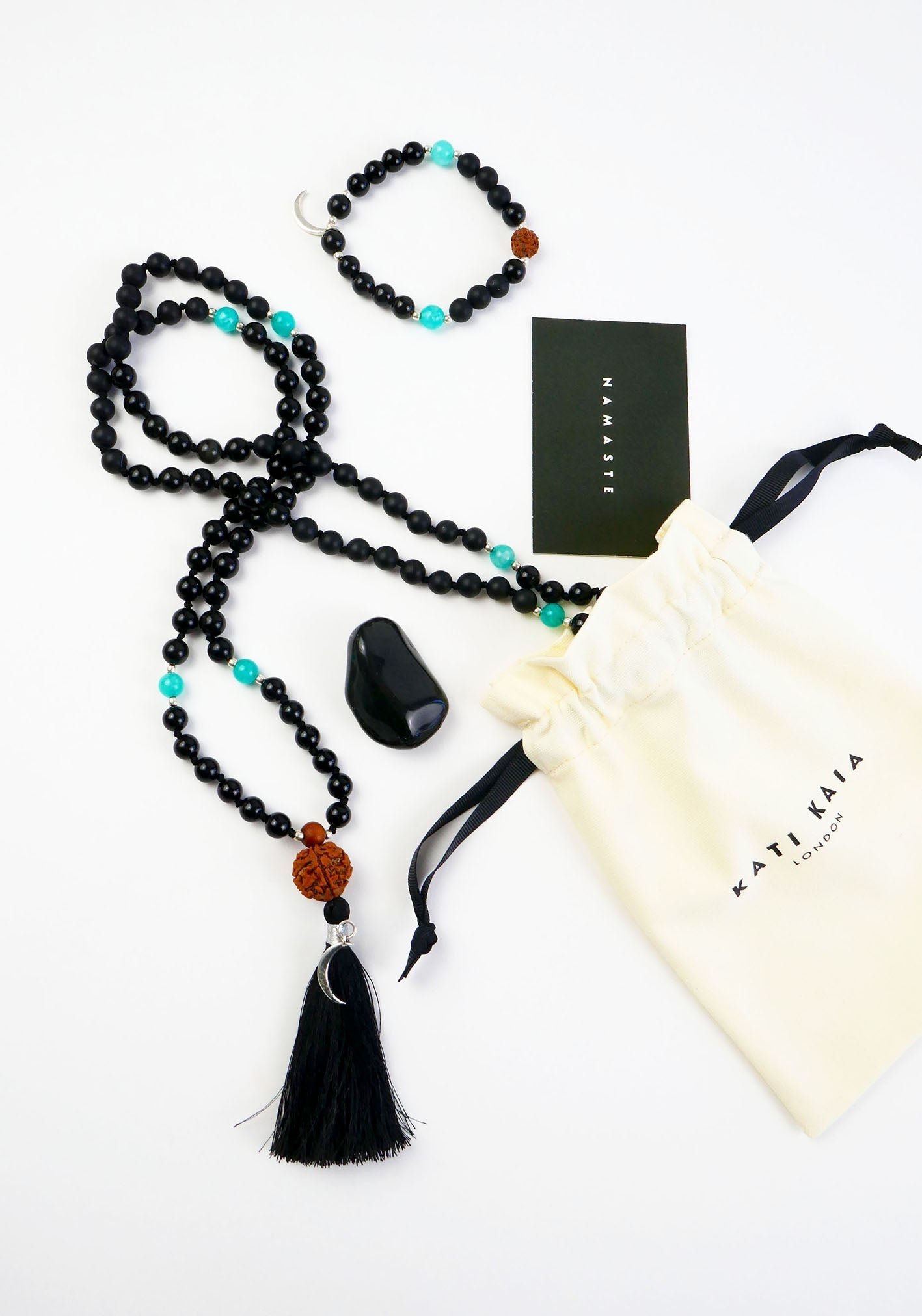 Nyx Mala 108 Beads Meditation Necklace and Bracelet Set in Black Obsidian and Sterling Silver