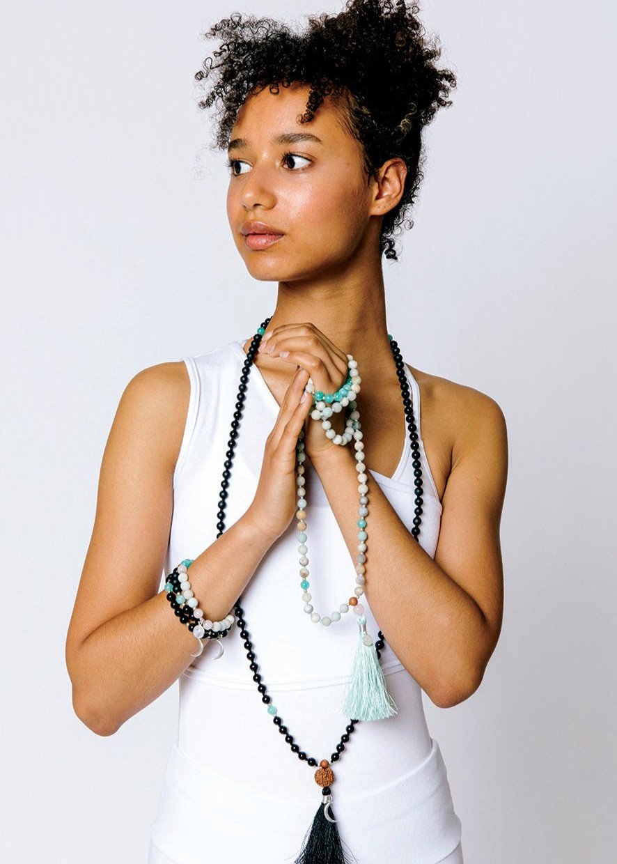 Nyx Mala 108 Beads Meditation Necklace and Bracelet Set in Black Obsidian and Sterling Silver