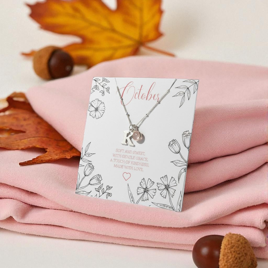 Personalised Initial and October Birthstone Necklace in Rose Quartz