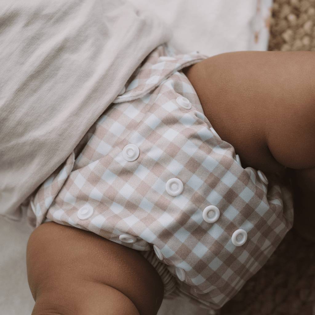 One Size Reusable Cloth Nappy in Gingham Taupe