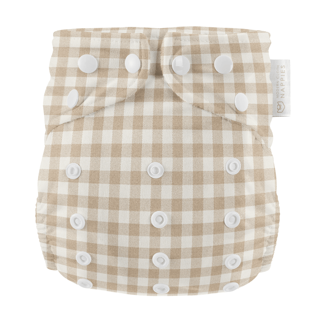 One Size Reusable Cloth Nappy in Gingham Taupe