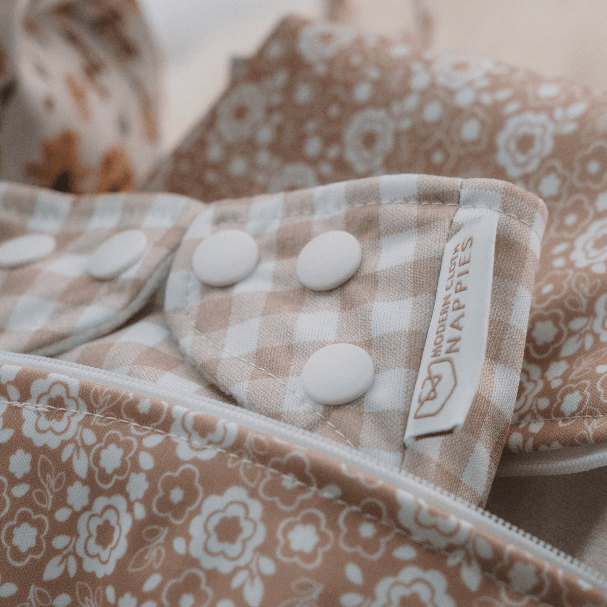 One Size Reusable Cloth Nappy in Gingham Taupe