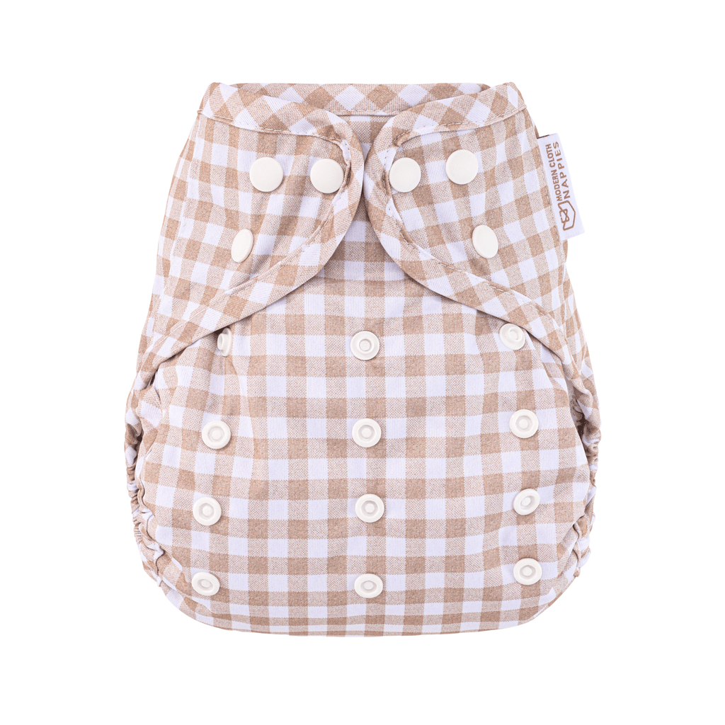 One Size Reusable Cloth Nappy Wrap in Gingham Taupe