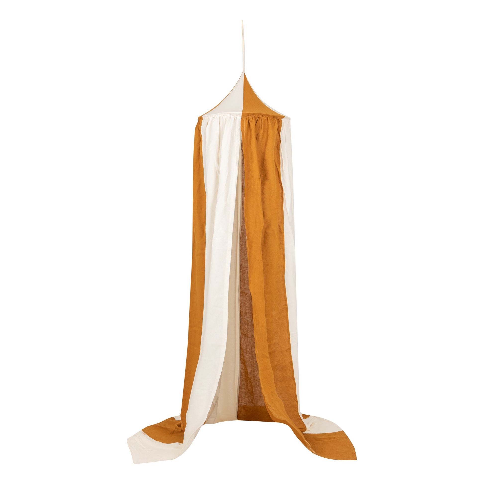 caramel circus organic cotton and linen canopy draped gracefully over a bed, soft light filtering through the fabric
