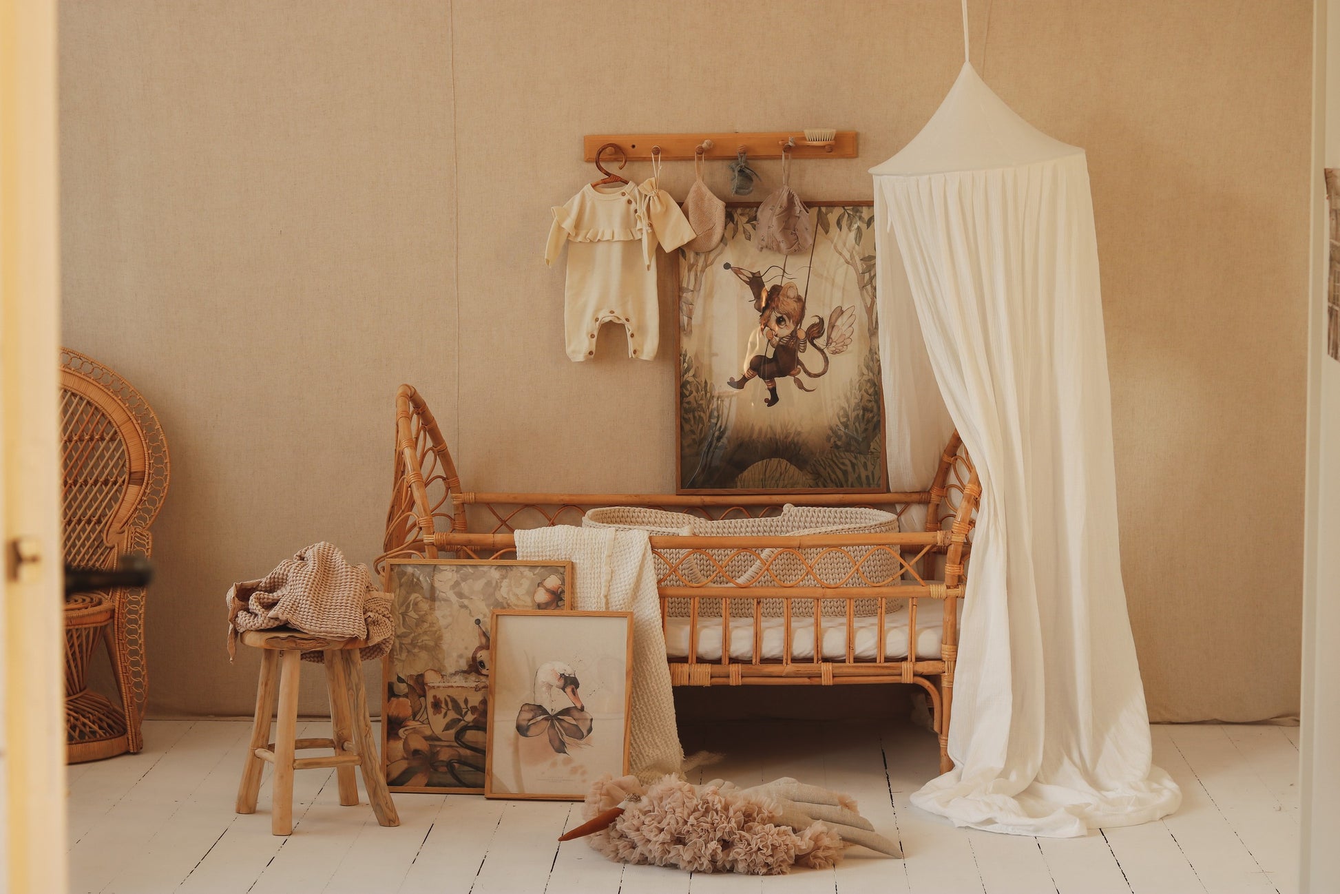 playful cream cotton canopy hanging over a cozy nook with soft light filtering through