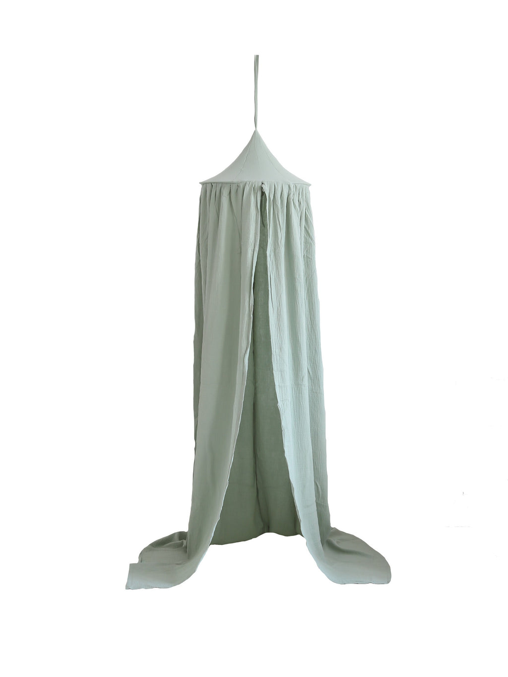 mint green organic cotton canopy hanging over a child's bed as a cozy hideout and mosquito net