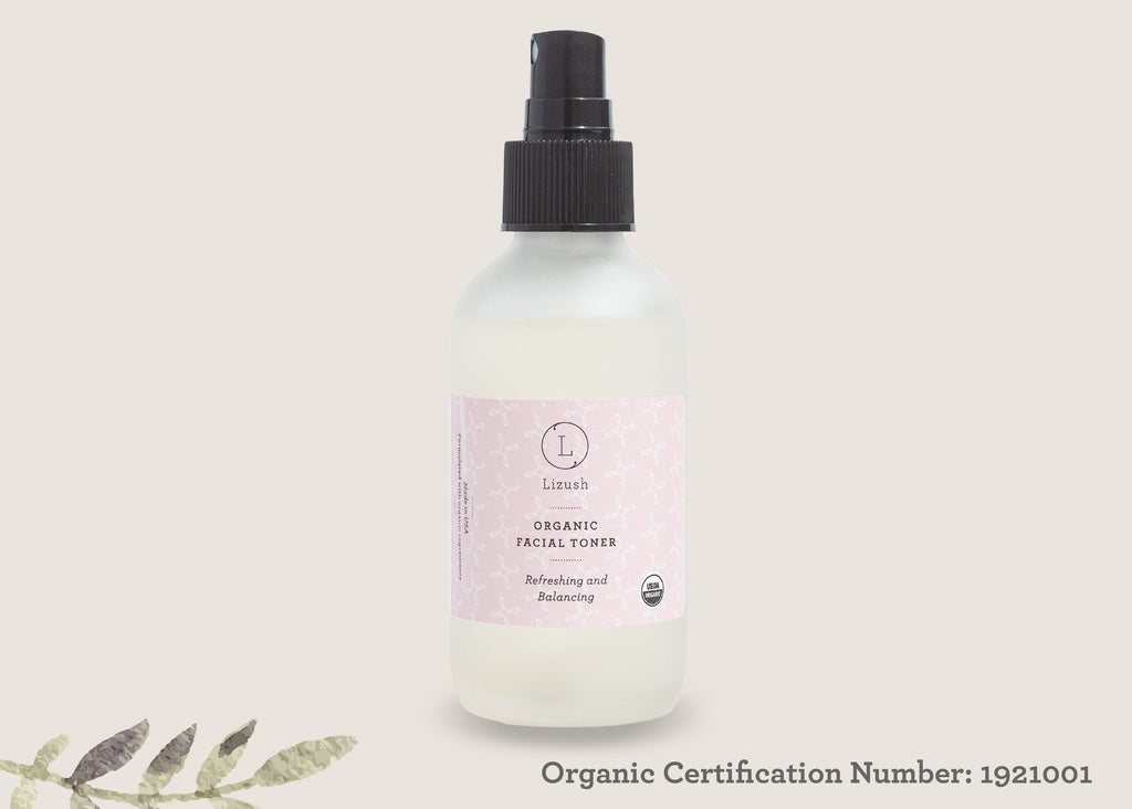close-up of organic facial toner bottle on a simple background, showcasing its practical use for daily skincare routine