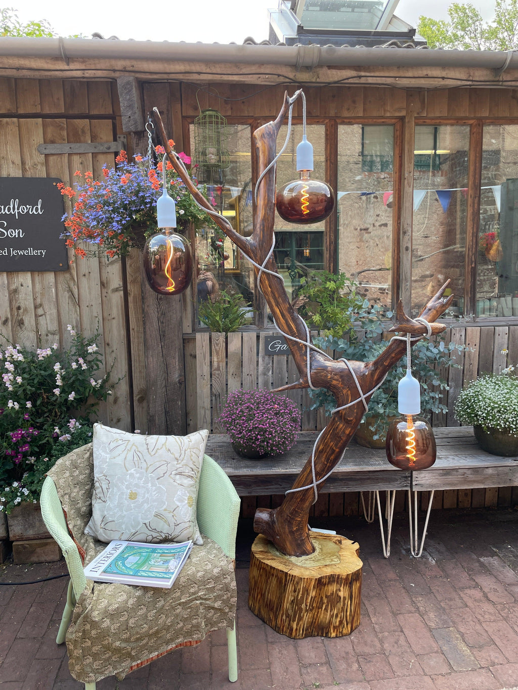 Bespoke Outdoor Tree Floor Lamp with Reclaimed Wood Base