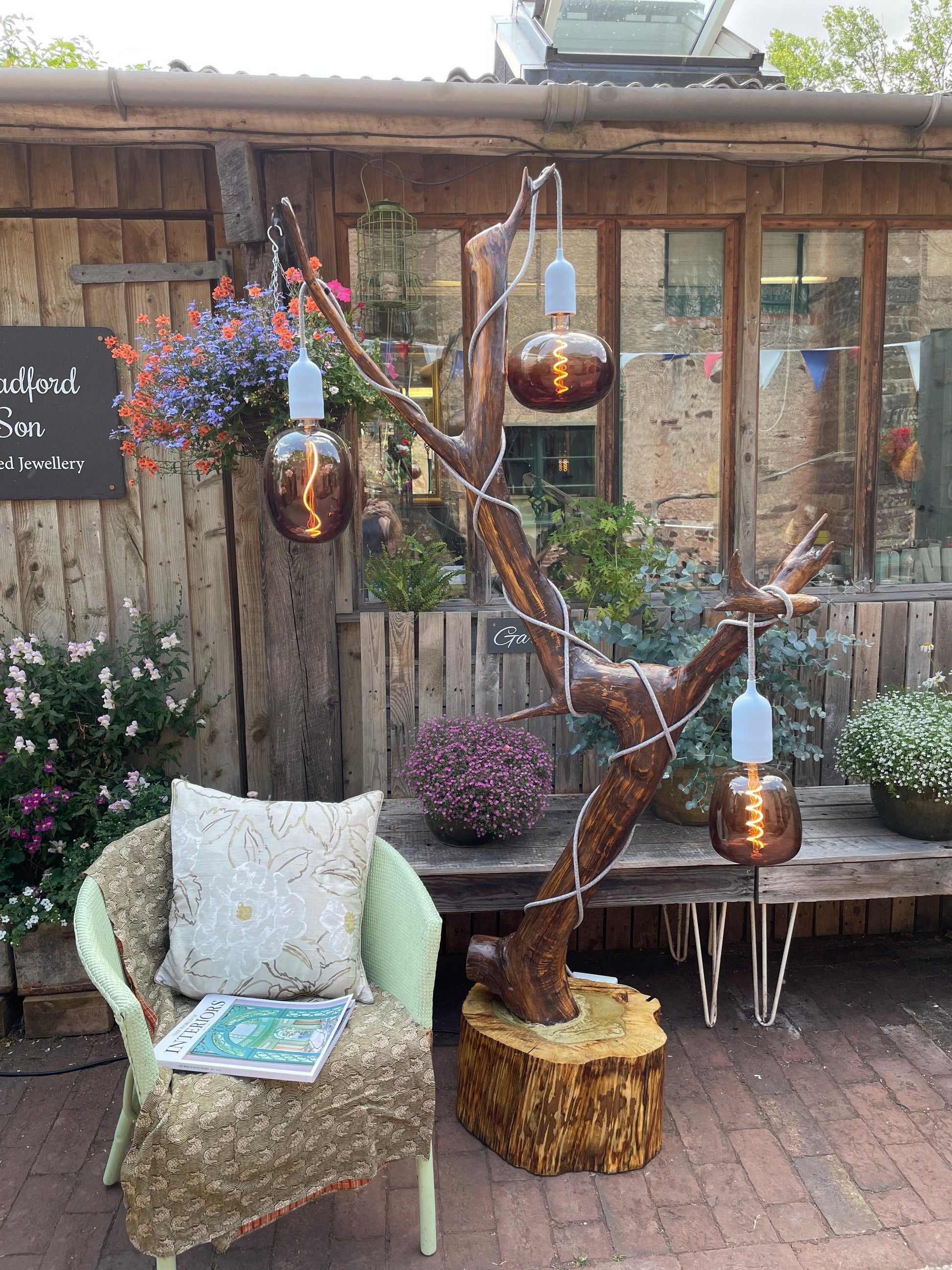 Bespoke Outdoor Tree Floor Lamp with Reclaimed Wood Base