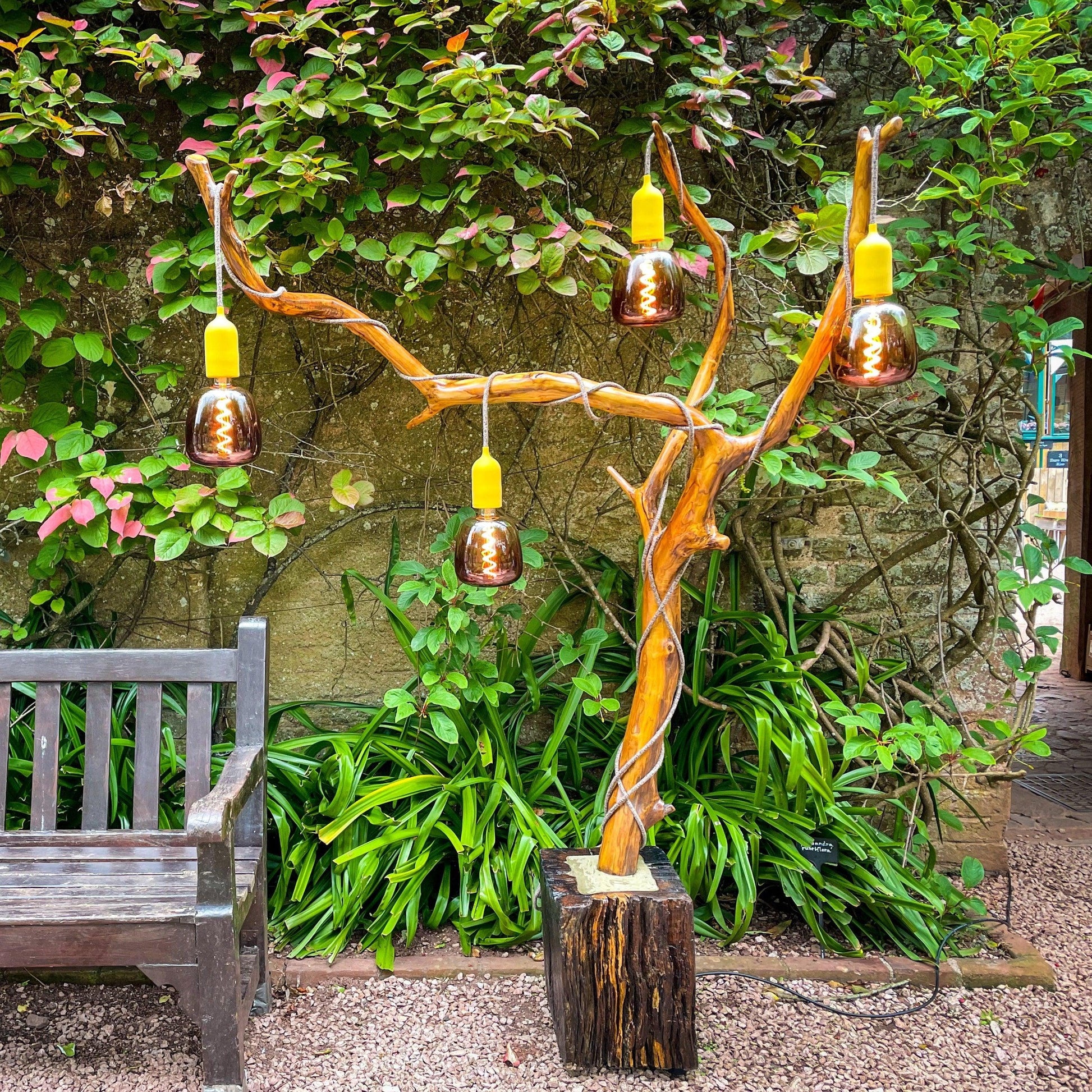 Bespoke Outdoor Tree Floor Lamp with Reclaimed Wood Base