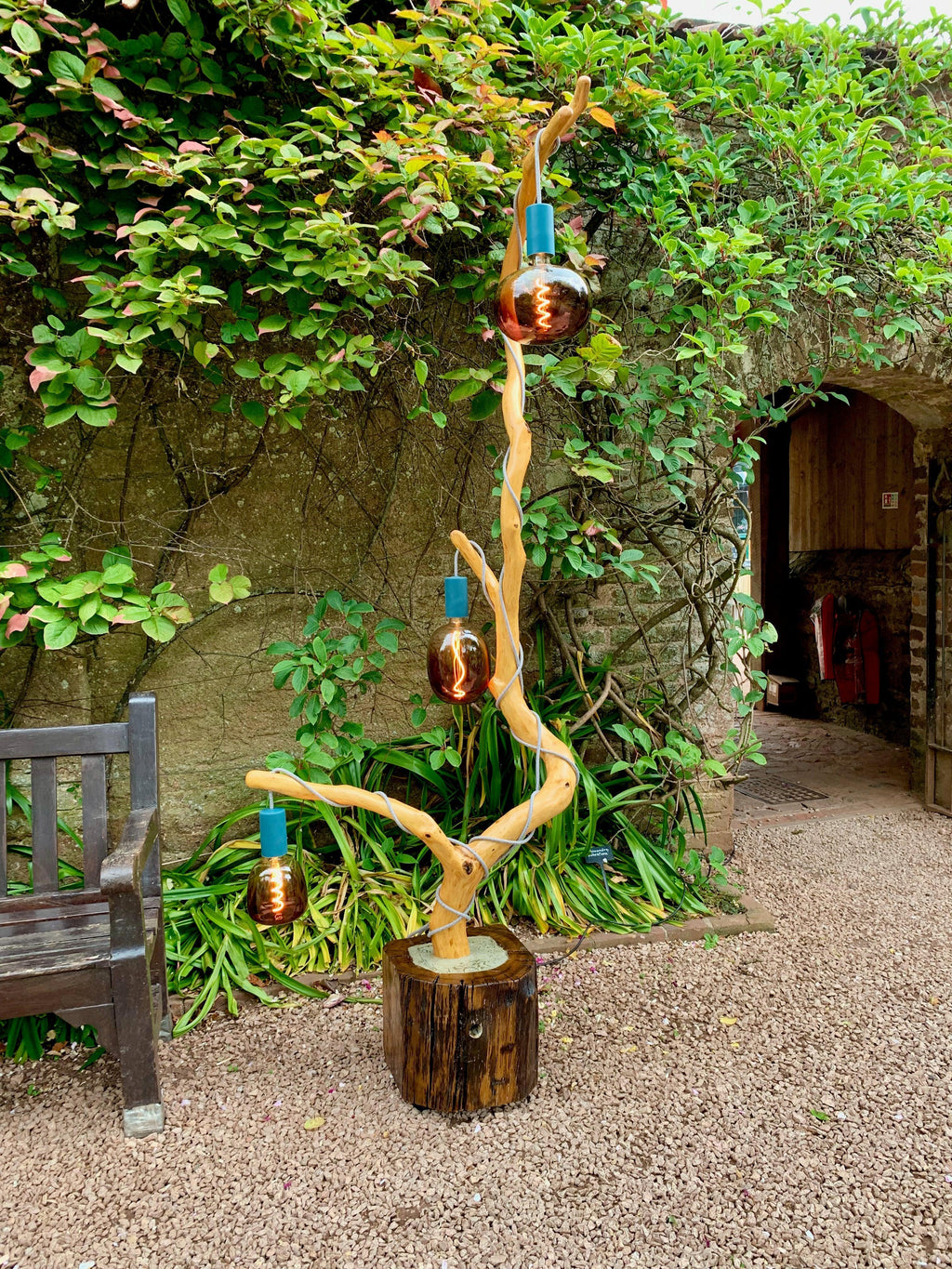 Bespoke Outdoor Tree Floor Lamp with Reclaimed Wood Base
