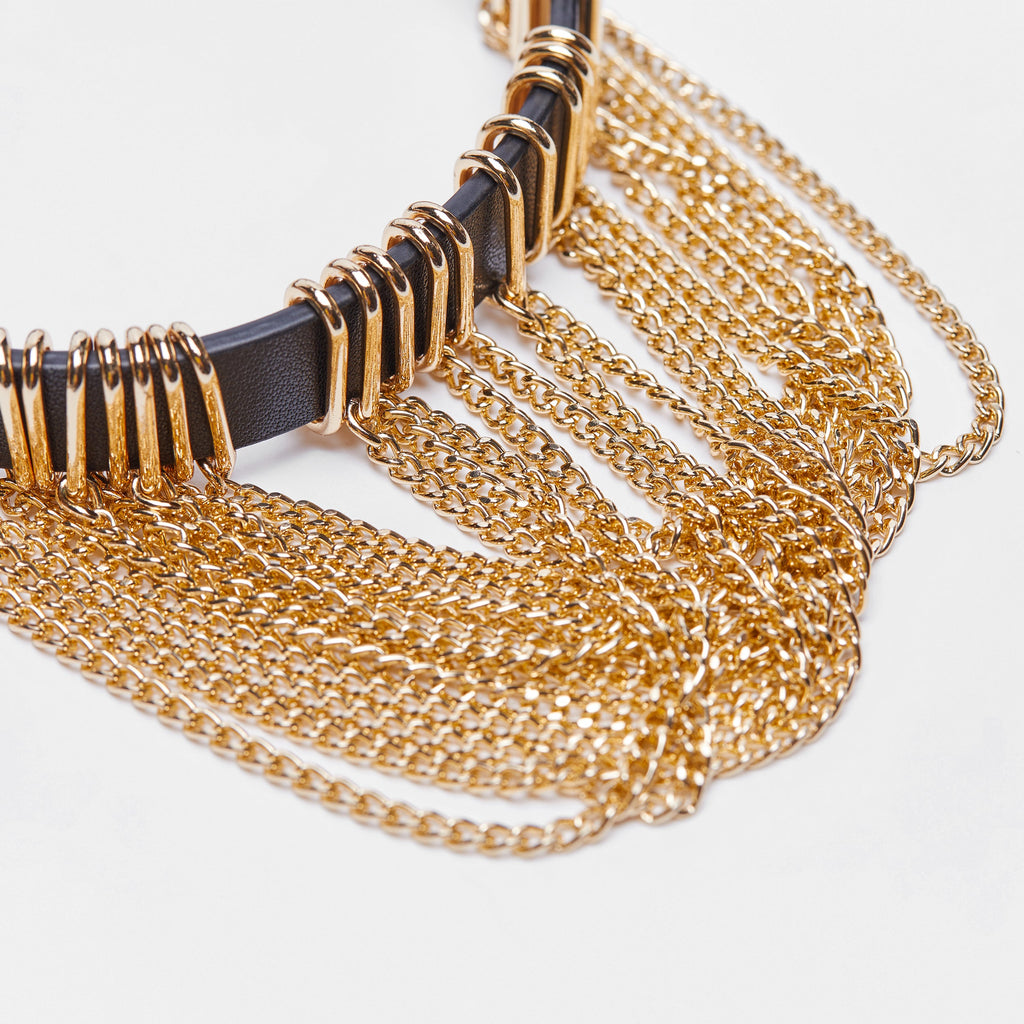 Black Leather Collar with Golden Draping Chain