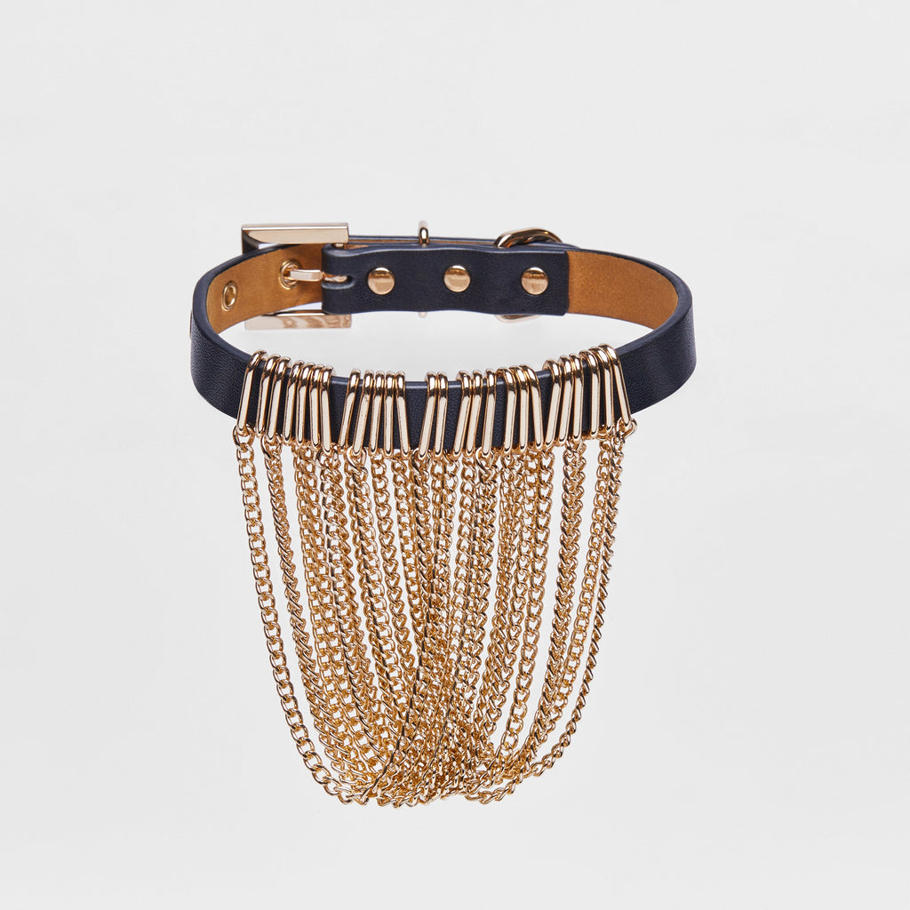 Black Leather Collar with Golden Draping Chain