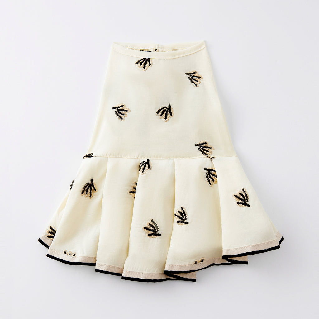 Cream Pleated Dress with Black Embroidery