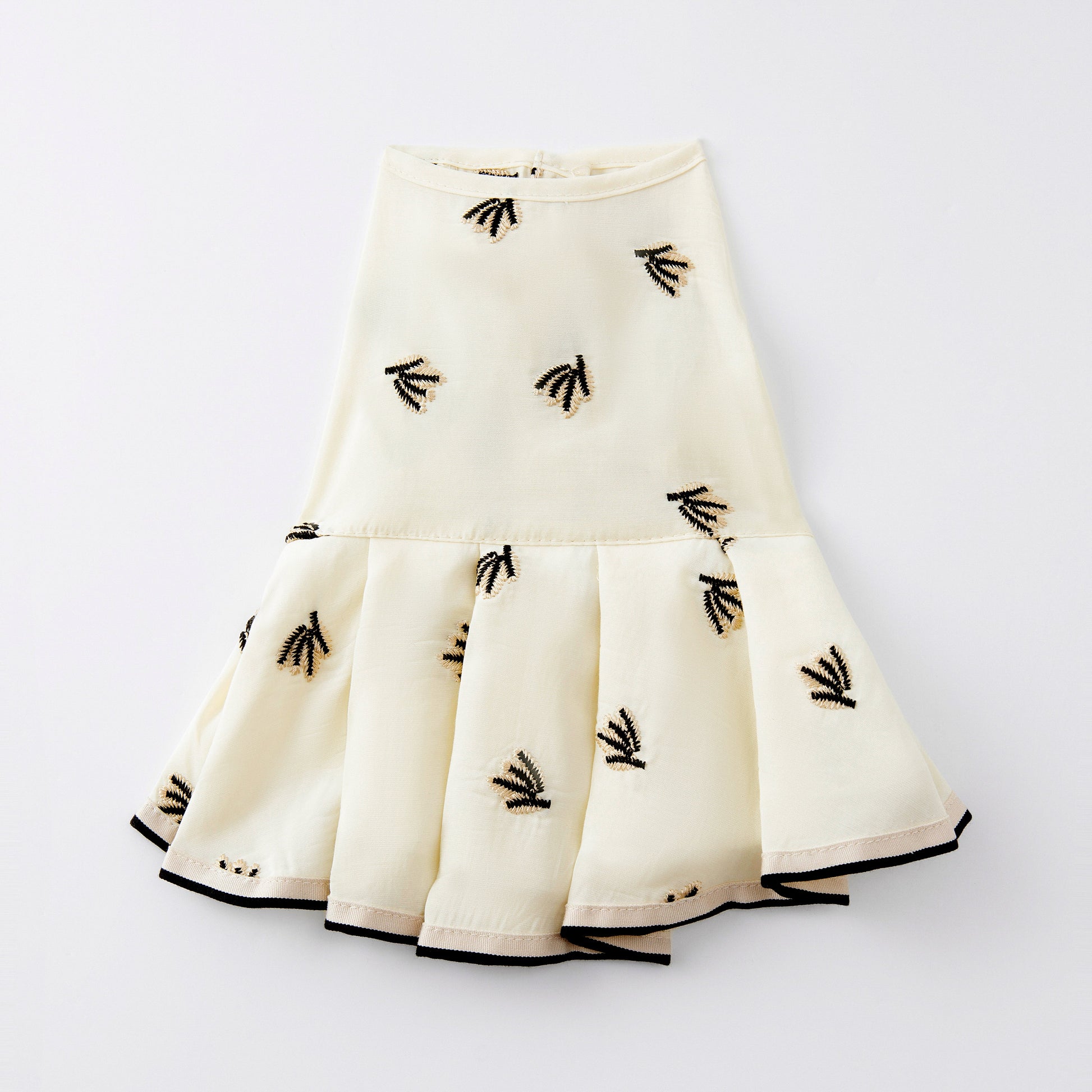Cream Pleated Dress with Black Embroidery