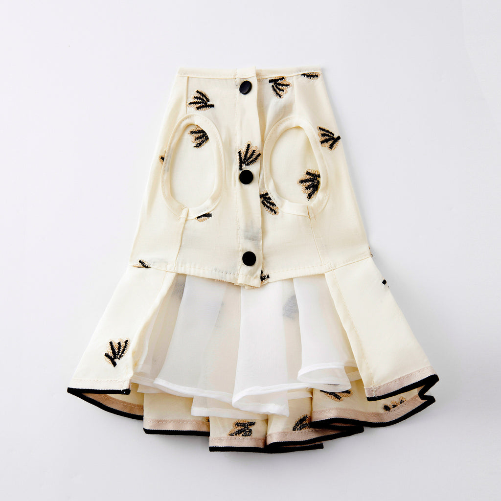 Cream Pleated Dress with Black Embroidery