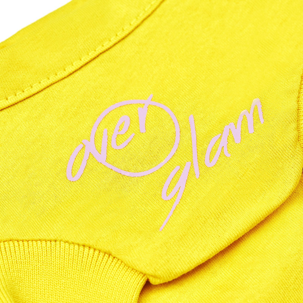 Yellow T-Shirt with Overglam Sign and Pink Striped Sleeves