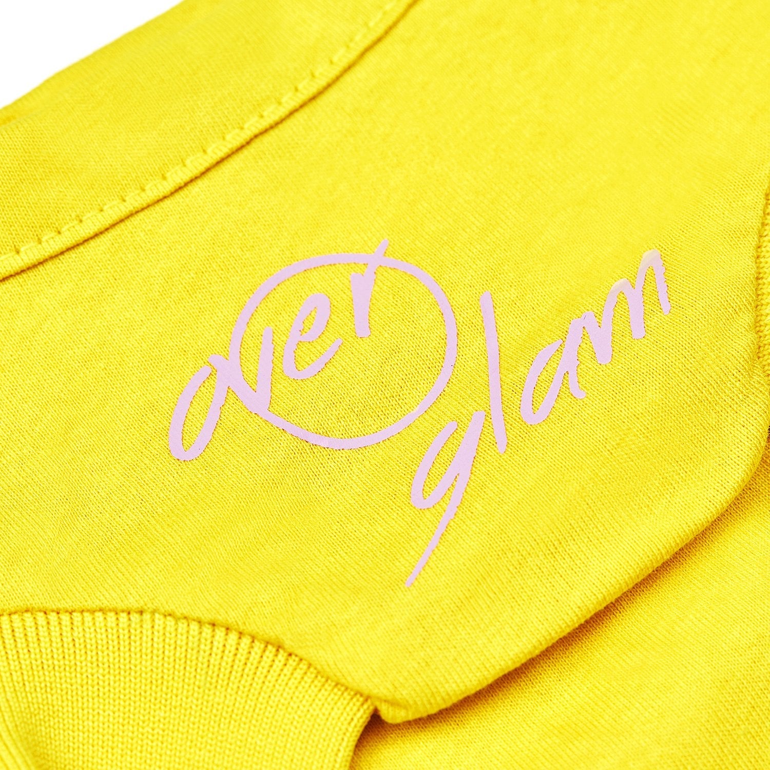 Yellow T-Shirt with Overglam Sign and Pink Striped Sleeves