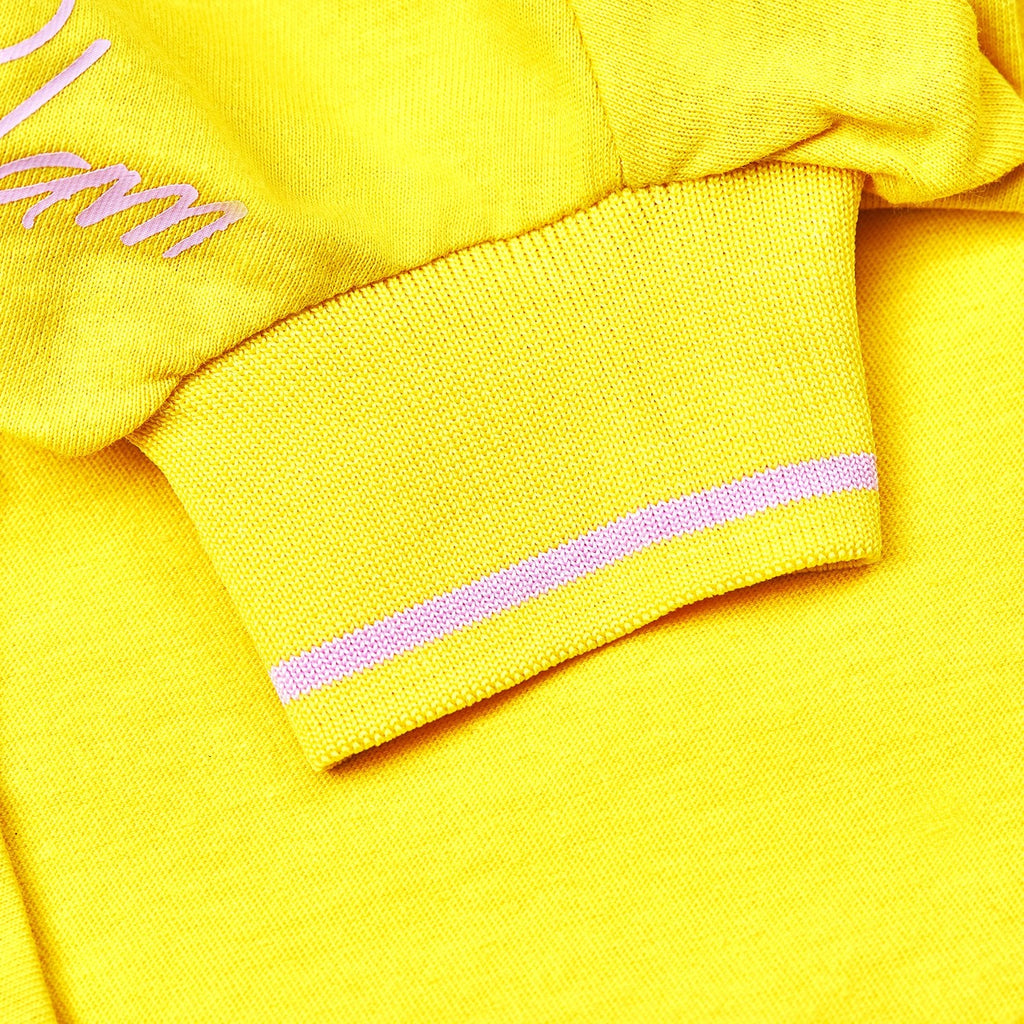 Yellow T-Shirt with Overglam Sign and Pink Striped Sleeves