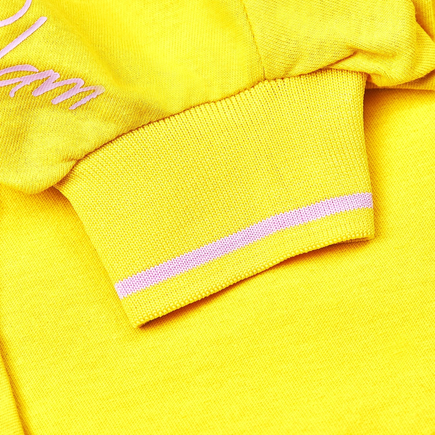 Yellow T-Shirt with Overglam Sign and Pink Striped Sleeves
