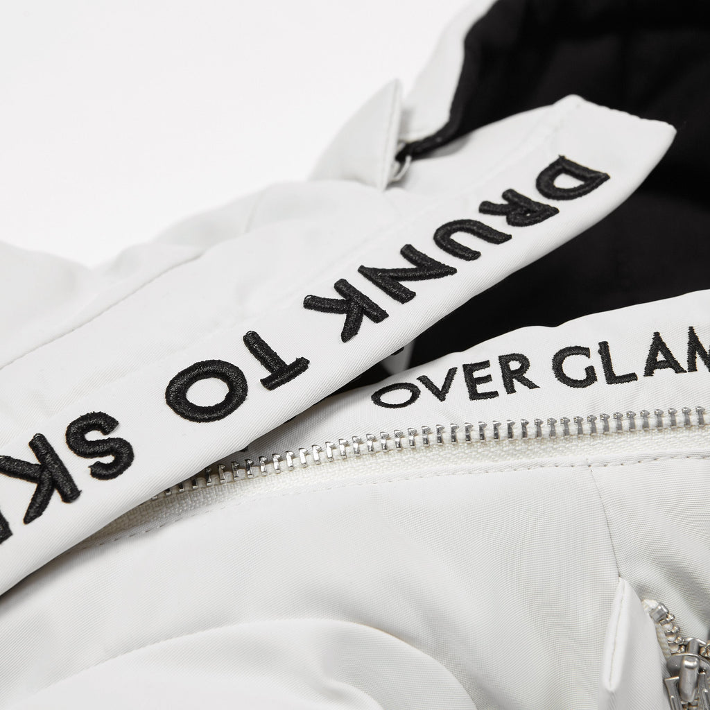 White Zip Up Puffer Ski Jacket with Embroidered Slogan