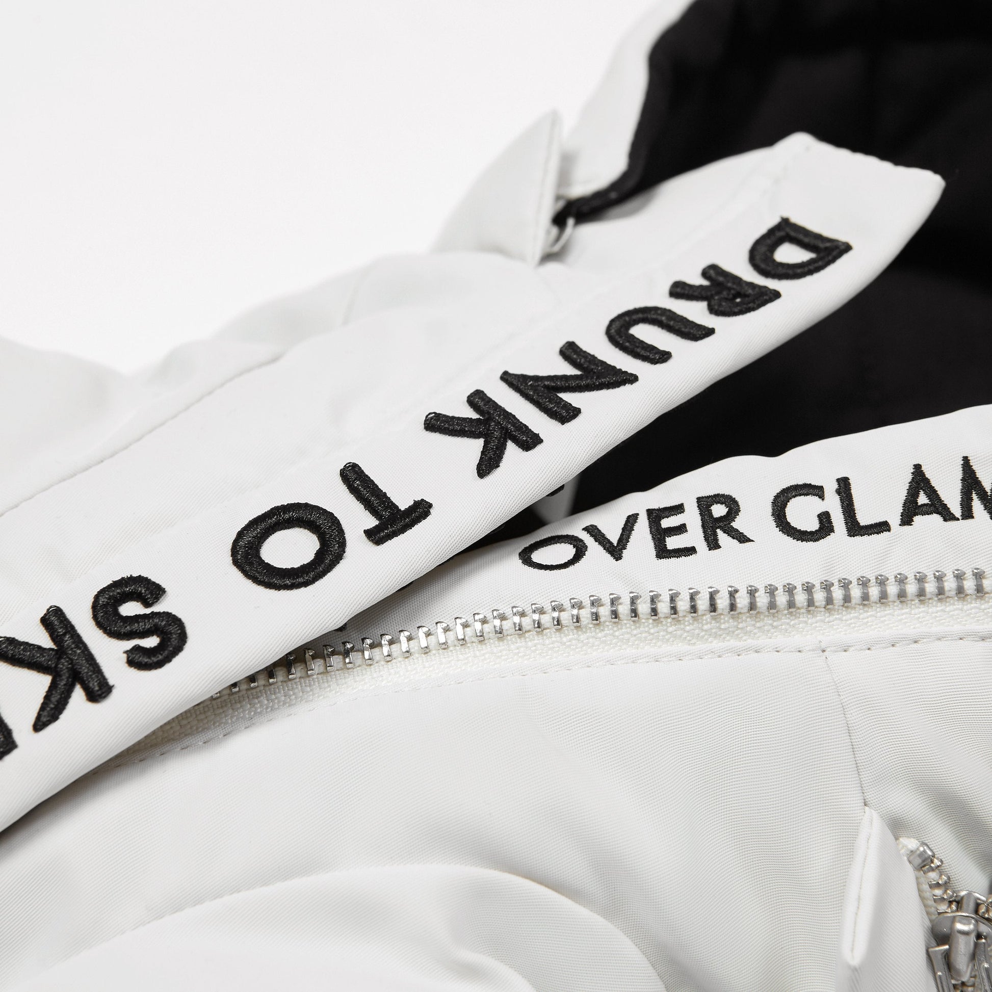 White Zip Up Puffer Ski Jacket with Embroidered Slogan