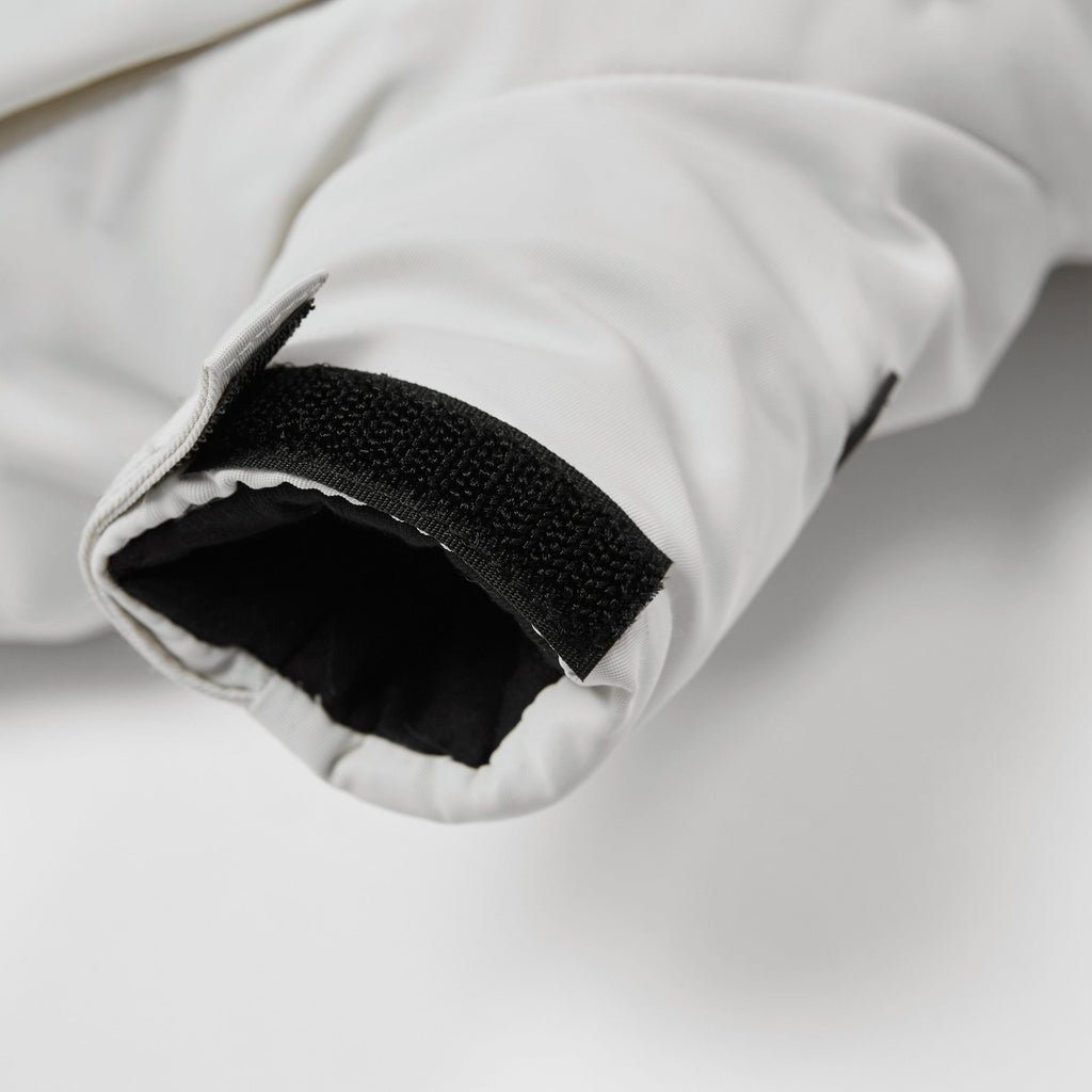 White Zip Up Puffer Ski Jacket with Embroidered Slogan